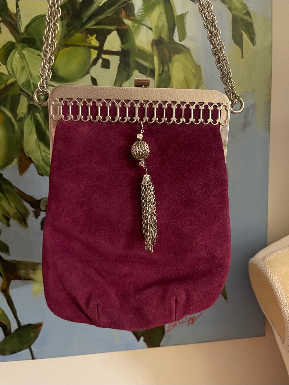 Vintage burgundy Suede Mini Bag with Silver Chain Tassel